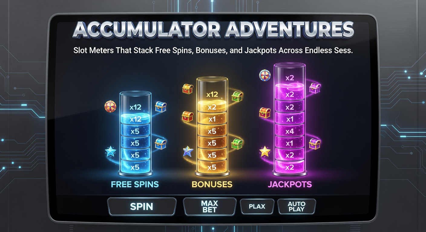 Close-up of a slot game's accumulator meter overflowing with jackpot symbols, free spin counters maxed out, and bonus meters glowing red amid exploding win animations