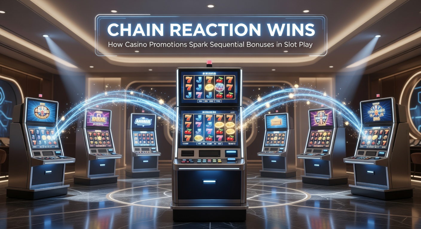 Animated graphic of slot bonuses chaining together, showing multipliers stacking and free spins extending in a promotional cascade