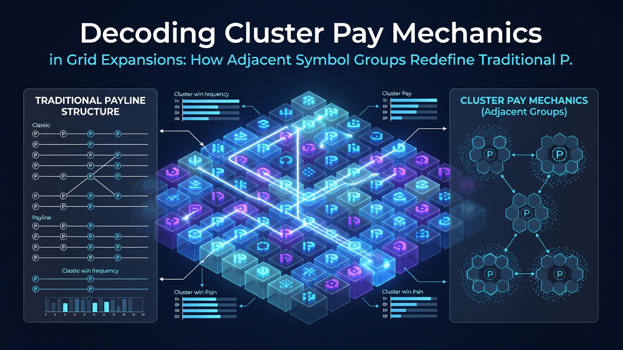 Comparison diagram illustrating traditional payline paths versus cluster formations on an expanding grid with highlighted adjacent symbol groups