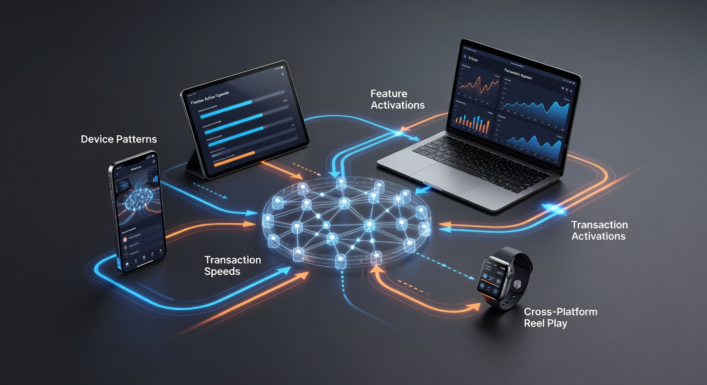 Technical diagram illustrating transaction speed correlations with reel feature activations across devices