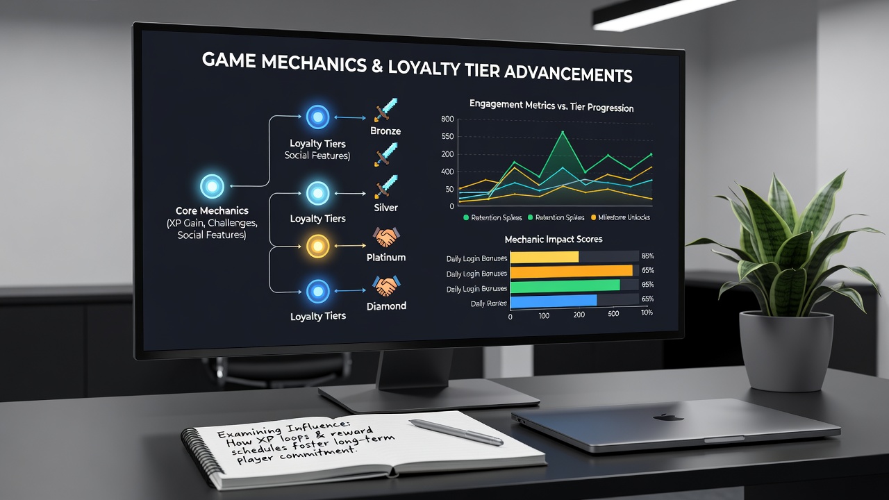 Player dashboard displaying tier levels alongside active game mechanics such as bonus rounds and progress bars