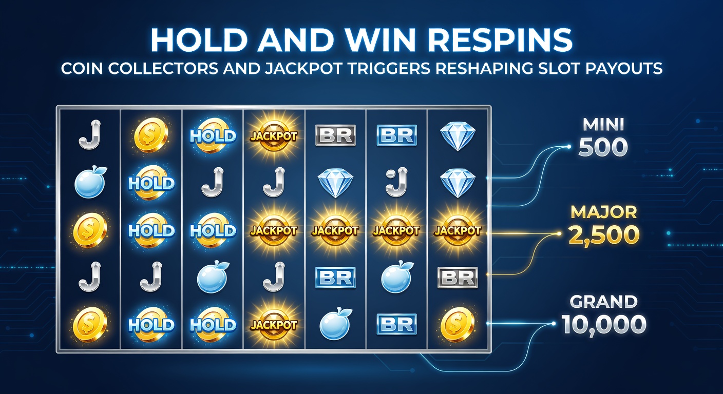 Close-up of a slot game's Hold and Win bonus with jackpot symbols landing, coins stacking values, and respin counter ticking down amid flashing lights
