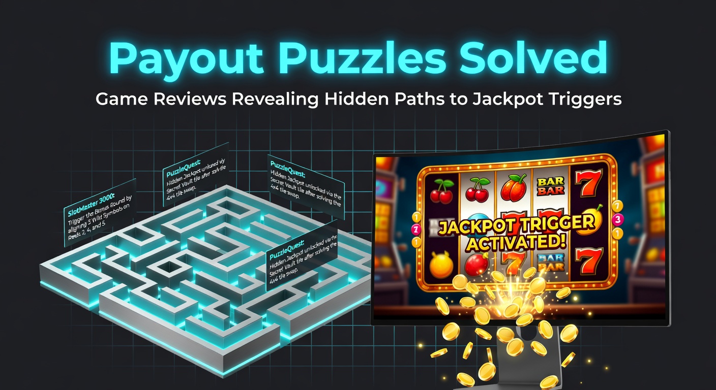 Close-up of a slot game's bonus screen displaying interconnected puzzle pieces unlocking a massive jackpot display, with review annotations highlighting trigger paths