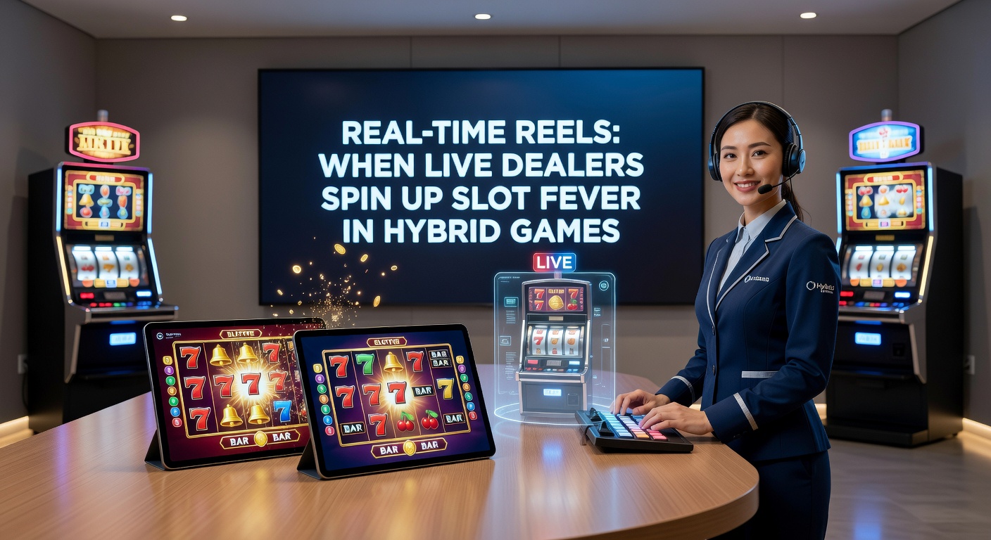High-tech studio view of hybrid slot game with dealer activating bonus features on interactive screens amid flashing lights
