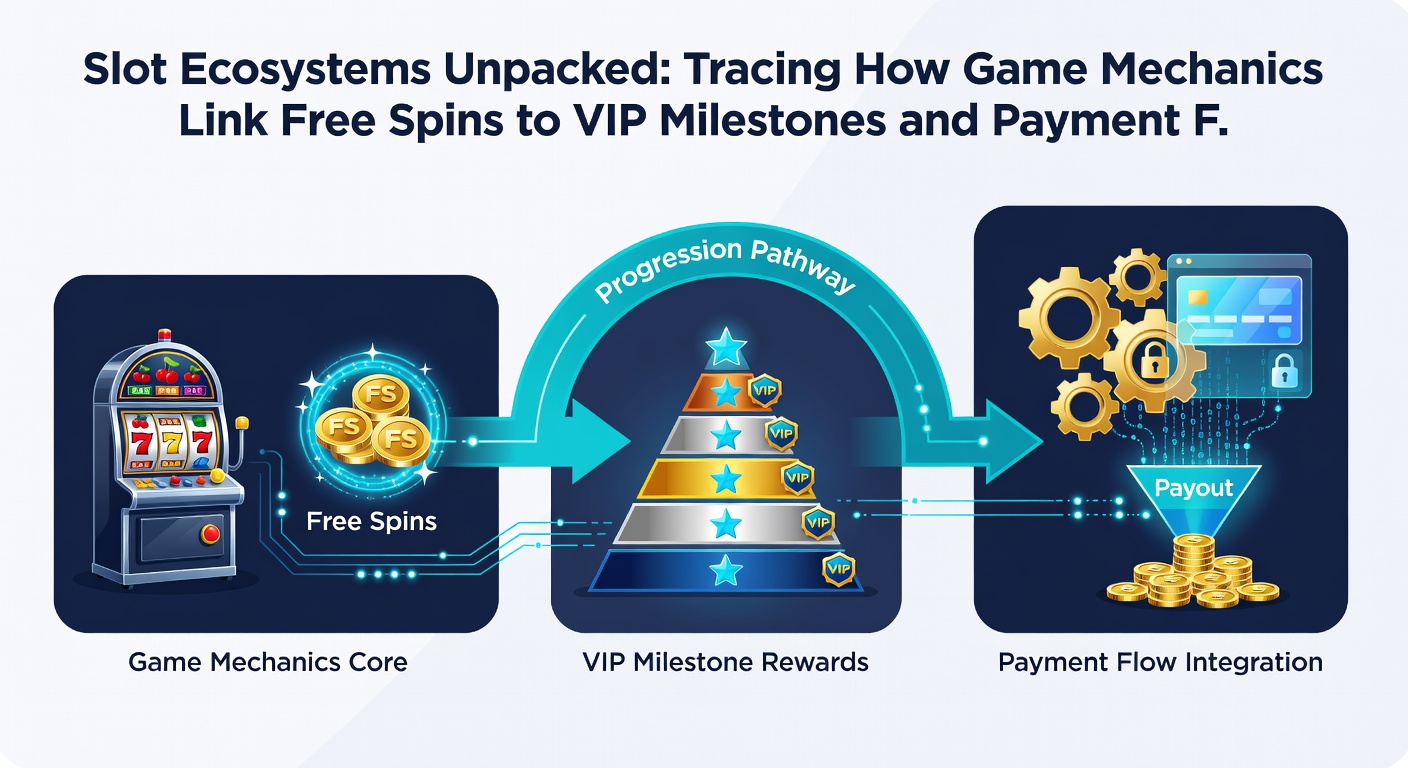 Flowchart showing payment gateways connecting free spin bonuses to VIP milestone rewards in online slot platforms