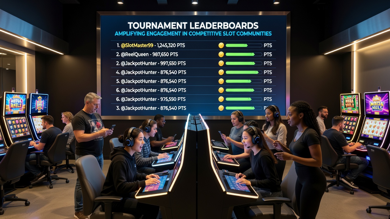 Diverse group of slot enthusiasts analyzing leaderboard standings together at a gaming lounge event
