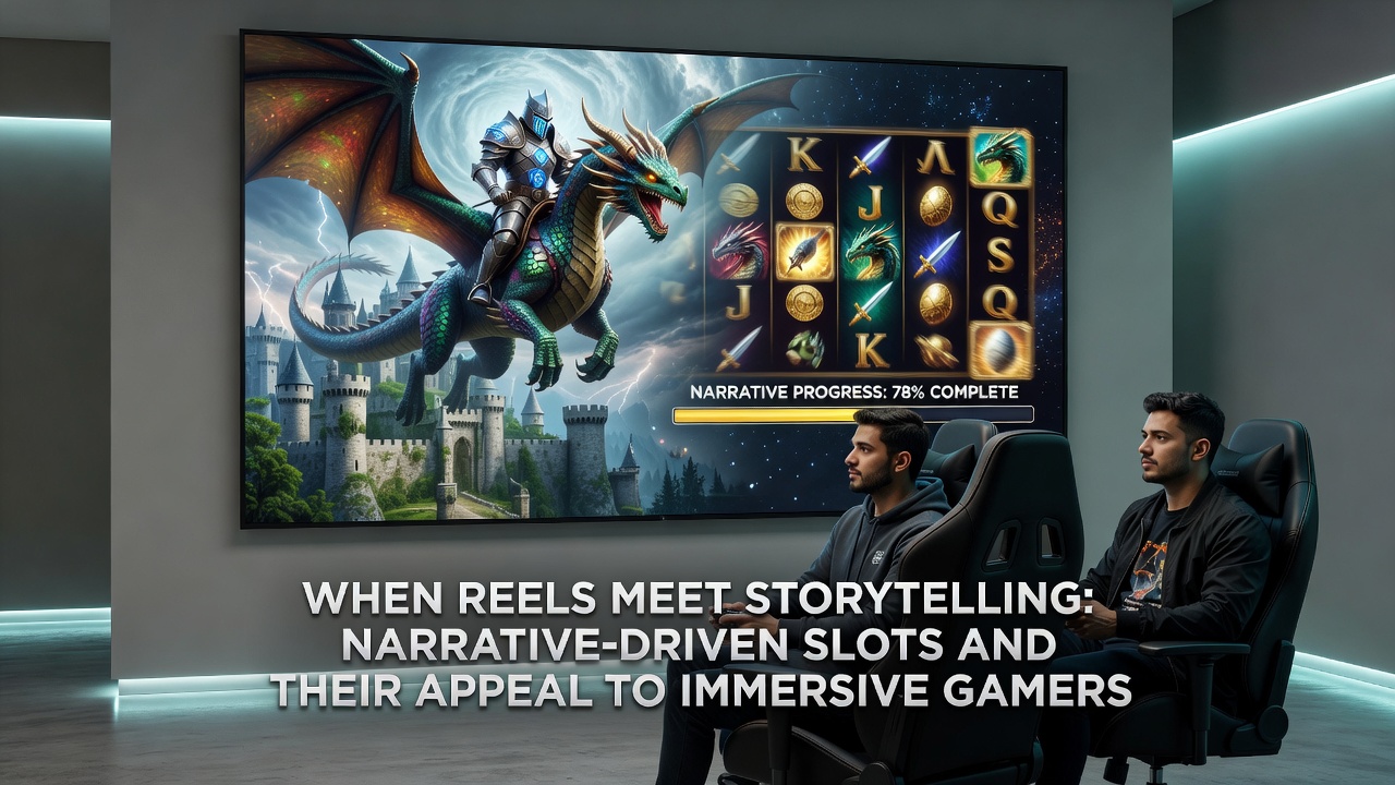 In-game narrative sequence in a storytelling slot with animated characters and progressing plot elements